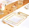 Dinnerware Sets 25 Guests Gold Plastic Plates with Disposable Plastic Silverware- Gold Rim Square Plastic Dinnerware Set 230503