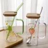 Botellas de agua 350ML tazas de vidrio preciosas taza de agua cuadrada taza de bebida de jugo de leche resistente al calor con tapa y tazas de café de paja juego de copa de vino 230503