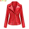 Kurtki Czerwona PU Faux Skórzana kurtka Kobieta moda mody Casual Biker Jackets Obarnia Kobieta Topy Spring i jesień czarna skórzana kurtka płaszcz