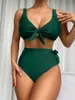 Kvinnors badkläder 2023 Ny fast färg snörning Push Up Big Breasts Split Swimsuit Sexig hög midja triangelbikini baddräkt sommarlov P230426