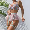 Bras Sets 4-Piece Floral Embroidery Lingerie Set Women Mesh Ball Gown Dress Garter Kit Brief Sexy Erotic Costume