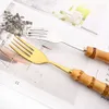 Ensembles de vaisselle Drmfiy 4 / 20pcs Natural Bamboo Handle Silver Dingeware Set Cutlery en acier inoxydable Set Cuisine Knife Fork Spoons Table Volent 230503