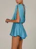 캐주얼 드레스 Articat Deep v Neck Satin Dresses Women 2022 Spring Sexy Seeleveless Elegant Blue Robe Solid Backless Bodycon 미니 드레스 여성 P230322