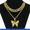 Collier Hip Hop For Mens Gold Chain Iced Out Cuban Chaînes Hip Hop Bijoux Micro Incluse Rigiane Chaîne cubaine Big Butterfly Set Collar Chainchain