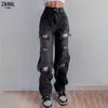 Damesjeans Brown scheurde vintage vrouw de noodlijdende jeans streetwear hole hiphop hoge taille broek mode rechte denim broek dames 230503