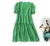 2023 Summer Green Plaid Print Panelled Silk Dress Short Sleeve Round Neck Knee-Length Casual Dresses C3A255045