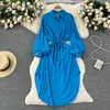 Casual Dresses Summer Vintage Long Sleeve Shirt Dress Women Lace Lantern Sleeves Waist Relaxed Loose Irregular Chic And Elegant Woman