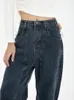 Kvinnors jeans mörkblå kvinnor jeans hög midja vintage rak baggy denim pants streetwear amerikansk stil mode wide ben denim byxor 230503