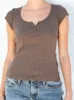 Camisoles Tanks Brown Floral Print Eyelet Slim T Shirt Streetwear Button O Neck Bomulls Kort ärm T Shirt Summer Vintage Chic Y2K Topps 230503