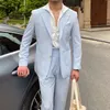 Erkekler Suits Blazers Yaz İnce Erkekler Eğlenceli Mavi Çizgili Seersucker Suit İngiliz Nezaket Takım Erkekler İş Smokedos İnce Fit Damat Erit