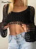 Kvinnors tshirt Forefair Summer Green Long Sleeve Smock Sticked Crop Top Women Y2K Beach Sexig Backless Hollow Out T Shirts Party Casual 230503