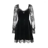 Casual klänningar 2023 sammet kvinnor spets lapptäcke grunge svart klänning långärmad gotisk estetik vintage a-line höstpartykläder