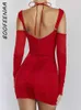 Casual Dresses BOOFEENAA Sheer Mesh Langarm Korsett Kleid Ausschnitt Rückenfrei Kurze Partykleider Sexy Club Outfits für Frauen Rot Schwarz C92DE24 P230322