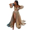 Glitter Prom Dress Puff Sleeves Champagne Side Slit Sexy Women's Prom Gown Sparkly A Line Belt V Neck Formal Party Dress Long
