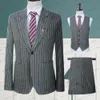 Herrenanzüge Blazer Anzüge für Männer 3-tlg. Casual Slim Fit Sommer Grau Leinen Weiß Streifen Blazer Weste Hosen Set Formelle Hochzeit Smoking Bräutigam 230503