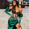 Abito da ballo sexy per donna Abito da sera di lusso con perline a sirena e scollo a cuore Abito da sera in raso verde smeraldo con maniche lunghe staccabili