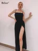 Sıradan Elbise Bclout Seksi Siyah Elbise Kadınlar Sonbahar Spagetti Strap Party Sırtsız Split Bodycon Elbise ayak bileği uzunluğu zarif gece elbise 2022 P230407