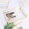 Organisation Nordic Retro Storage Tray Gold Rectangle Glass Makeup Organizer Tray Dessert Plate Smycken Display Home Kitchen Decor