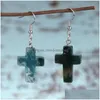 Charm Cross Turquoises Rose Crystal Quartz Tiger Eye Opal Stone Charms dinglande örhängen Amethysts hängande örhänge Fashion Women Jew DHP4H