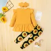 Zestawy odzieżowe Emmababy 2023 Autumn 18m-6 lat Dzieci dzieci Baby dziewczyna 3pcs Set w stylu sukienki żółty marszone z długim rękawem Top Sunflower Print Pants B.