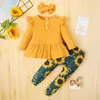 Zestawy odzieżowe Emmababy 2023 Autumn 18m-6 lat Dzieci dzieci Baby dziewczyna 3pcs Set w stylu sukienki żółty marszone z długim rękawem Top Sunflower Print Pants B.