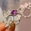 Klusterringar Brilliant Purple Zirconia Large Flower Ring Female Opening Luxury Full Diamond Elegant Temperament Jewelry Birthday Wedding