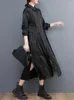 Casual klänningar 2023 Spring Autumn Office Lady Black Blus Woman Dress Loose Vintage Plus Size Lapel långärmad maxi för kvinnor