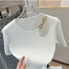 Koszulki damskie O-Neck Ice Silk krótkie rękawie 2023 Summer czysty wycięty top femme seksowne dekoracje łańcucha stałego