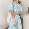 Robes décontractées été col rond taille haute plis imprimé floral longues robes pour femmes Cottagecore Aline robe mi-longue Kawaii filles vêtements 230503