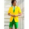 Ternos masculinos de moda de verão amarelo e verde masculino com calças curtas para smoking de casamento 2 peças machos blazer de praia mais recente design de casaco