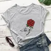 Women's T Shirts Skull With Rose Graphic Print Cotton Women Tshirt Unisex Holiday Funny Autumn Casual Short Sleeve Top Halloween Party Shirt