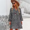 Casual Dresses Elegant Leopard Print Women Clothing Spring Autumn Long Sleeve V-ringen Mini Dress Fashion A-Line Ropa Mujer