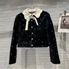 معاطف الخندق النسائية Prepomp 2023 Winter Silk Bow Collar Rhinestone Black Velvet Jacket Women Cotton Coat GG981