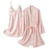 Women's Sleepwear Twinset Lace Robe Set Female Nightdress Nightgown Women Bathrobe Gown Suit Lingerie Casual Satin Kimono Homewear