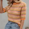 T-shirt femme Doury 90s Rainbow Hollow Out Knitwear Femme T-shirts rayés transparents Summer Boho Beach Style Cover-ups Crop Tops y2k 230503