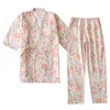 Ethnic Clothing Women Japanese Style Traditional Kimono Sakura Print Pajamas Set Home Sleepwear Yukata Tops Loose Trousers Pyjamas Bathrobe