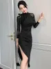 カジュアルドレス2023ファッションセクシーパーティードレス女性ボウフォールド非対称のメッシュホロースプリットブラックレディーローブストリートフレンチスタイル