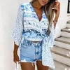 Women's Blouses V-Neck Tie Bow Loose Summer Shirt Floral Print Ruffle Sleeve Elegant Top Ladies Clothing