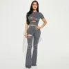 Women's Two Piece Pants Hollow Out Y2K Streetwear Pure Color 2 Set Sexy Fashion Trending Product