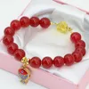 Strand 10mm Round Red Jades Beads Chalcedony Stone Beaded Bracelet For Party Weddings Gold-color Cloisonne Jewelry 7.5inch B2723