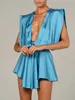 캐주얼 드레스 Articat Deep v Neck Satin Dresses Women 2022 Spring Sexy Seeleveless Elegant Blue Robe Solid Backless Bodycon 미니 드레스 여성 P230322