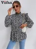 T-Shirt Viifaa Leopard Print Fashion Spring 2022 Blouses Women Long Sleeve Top Keyhole Back Casual Ladies Shirts Elegant