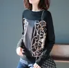 T-shirt herfst vrouwen patchwork print t-shirts femme volledige mouw print zwarte t-shirts dame herfst tops