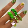 Band Rings New Trendy Green Acrylic Ring Set For Women Korean Colorful Geometric Heart Chain Couples INS Fashion Travel Gift Y23