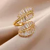 Wedding Rings Gold Plated Zircon Double Leaves For Women Stainless Steel Adjustable Ring Aesthetic Jewerly Gift