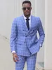 Men's Suits Sky Blue Checked Suit Double Breasted Blazers Sets For Wedding Male Tuxedos Peaked Laple 2 Pieces Groom Wear