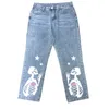 Kvinnors jeans kvinnor skalle tecknad tryck pocket denim rak byxor ljus blå dam gothic gata långa jeans koreanska modekläder halloween 230503