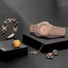 Polshorloges luxe dames rosé goud horloge ketting hanger armband ring oorbellen combo sets mode sieraden set cadeau voor hiphopstijl