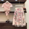 Robe Deux Pièces HAUTE QUALITÉ Femmes Irrégulière T ShirtMesh Jupes Costumes Bowknot Solide Tops Vintage Floral Jupe Ensembles Femme Élégante Deux Pièces Ensemble 230503