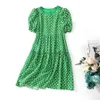 2023 Summer Green Plaid Print Panelled Silk Dress Short Sleeve Round Neck Knee-Length Casual Dresses C3A255045